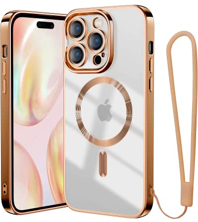 Meifigno Clear für iPhone 14 Pro Hülle [Kompatibel mit MagSafe & Anti Vergilbung][ Handschlaufe Lanyard] Weichen TPU Transparent Case Dünne Handyhülle iPhone 14 Pro für Frauen Mädchen, Messing Gold