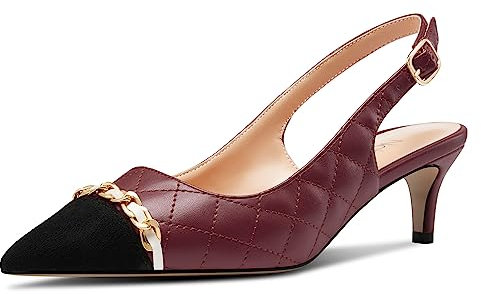 NobleOnly Donna Medio Tacco Heel a Punta Slingback Catena Metallo Pumps Patchwork Ballo Casual Dress Scarpe 5 CM Heels Rosso Borgogna 40 EU