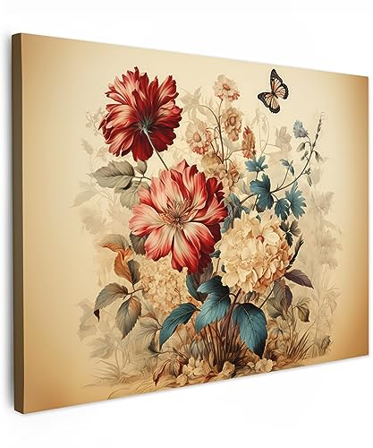 MuchoWow© Wandbilder 70x50 cm Schlafzimmer Home Deko Wohnung Bild Wohnzimmer Fotoleinwand Wand Bilder Leinwand Wall Decor Vintage - Blumen - Schmetterling - Natur - Beige - Farben