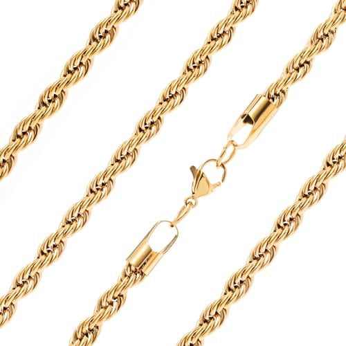 Ardú Mens Gold Rope Chain - 20 inch, 5mm Stainless Steel Gold Plated | Waterproof & Tarnish Resistant | Heavy Jewellery for Men