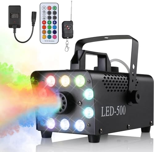 Machine à Fumée 500W, Machine à Brouillard Portable avec Télécommandes avec 13 Couleurs 10 LED Lumières RGB, Machine Fumee pour Halloween Noël Mariages Étapes Fêtes DJ et Spectacles
