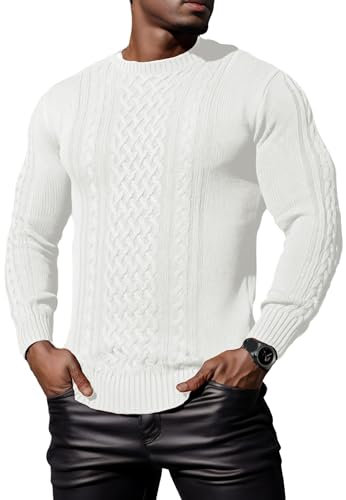 Hisir Men's Winter Thick Cable Knit Jumpers Casual Crew Neck Warm Long Sleeve Pullover Sweater Tops for Men (White, M)