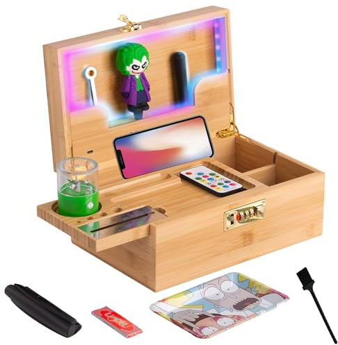 Zusor Large Bamboo Box Tray Set With Combination Lock, Removable Rolling Tray, Accessories, Colorful Light Strip - Great Gift for Men