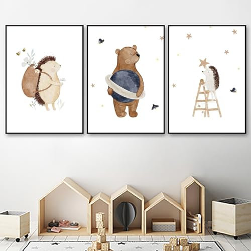 Herfair Poster Kinderzimmer 3er Set DIN A4 Wandbilder Bilder Boho Babyzimmer Deko Wandposter Premium Tiere Wandbilder Kinderzimmer Jungen, Mädchen Ohne Rahmen (Bär,30x40cm)