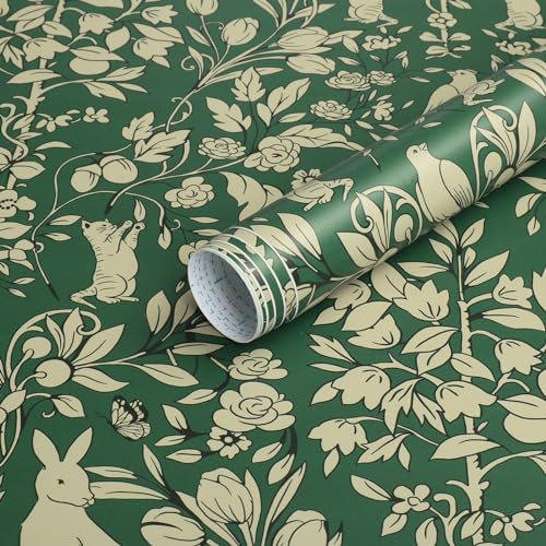 Timeet Peel and Stick Wallpaper Green Sticky Back Plastic Beige Rabbit Bird Cat Pattern Botanical Contact Paper 16.14in x 118.11in (41cmx3m) Waterproof Vinyl Film for Kid Room