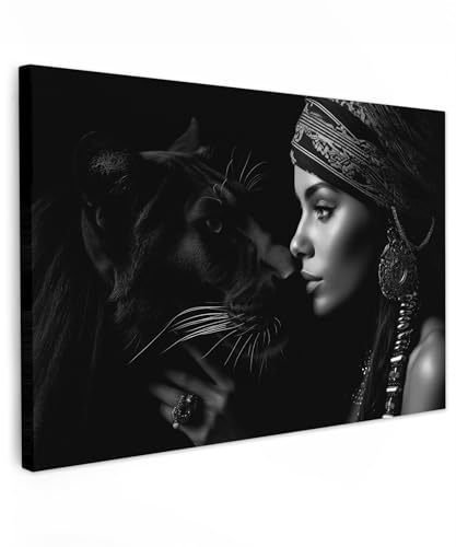 MuchoWow© Wandbilder Groß 120x80 cm XXL Schlafzimmer Home Deko Wohnung Bild Wohnzimmer Fotoleinwand Wand Bilder Leinwand Wall Decor Frau - Panther - Tiere - Schwarz und weiß - Porträt