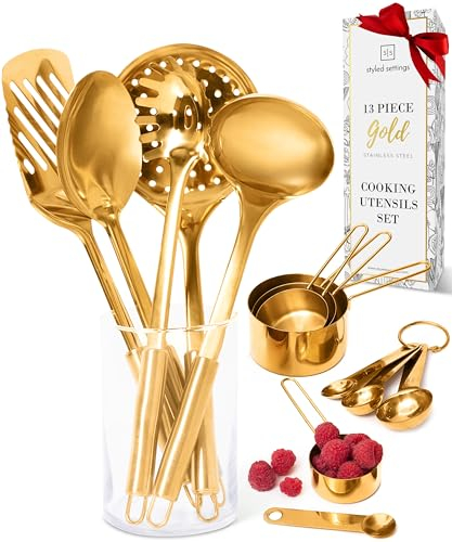 Juego de utensilios de cocina dorados con tazas y cucharas medidoras doradas (13 piezas), accesorios de cocina dorados con tazas y cucharas medidoras de metal y utensilios de cocina dorados