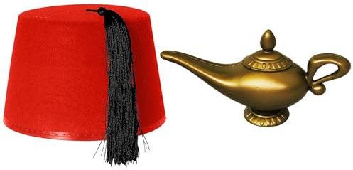 Fez Hut & Magic Genie Öllampe Gold Kunststoff Aladdin Verkleidung Panto Film Charakter Kostüm