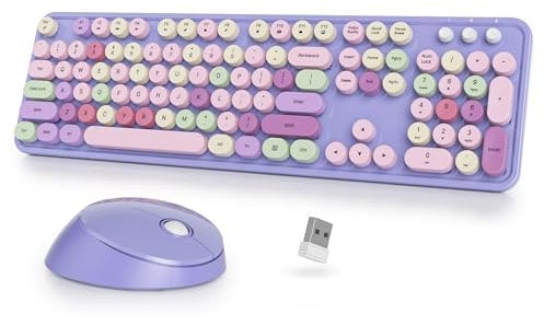 SbocKeeb Purple Keyboard and Mouse Wireless, American QWERTY Cute Typewriter Wireless 2.4GHz Colorful Full Size Keyboard with Number Pad, for Windows PC Laptop,Colorful Purple