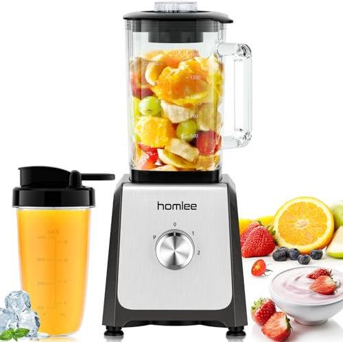 Homlee 1200W Standmixer Professional mit 2 Stufen und Pulse-Funktion Smoothie Maker 1,6L Glasbehälter Hochleistungsmixer,mit 500ml Trinkflasche