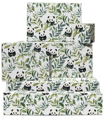 Panda-Geschenkpapier – 6 Blatt umweltfreundliches Geschenkpapier – Pandabär und Blätter – weißes Geschenkpapier für Geburtstag, Jahrestag, Weihnachten – mit Aufklebern – von Central 23