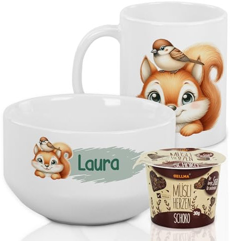 GRAZDesign Frühstückset Tasse mit Müslischale personalisiert für Kinder Eichhörnchen Motiv aus Keramik - Geschenkset