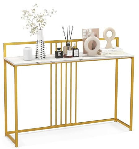 COSTWAY Konsolentisch, Beistelltisch Gold, Flurtisch Marmor Optik, Eingangtisch schmal, goldfarbenes Metallgestell, 120 x 32,5 x 88cm (Weiß)