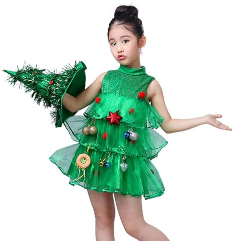 Genérico Disfraz Infantil De Arbol De Navidad,Disfraz Infantil De Arbol De Navidad, Vestido verde sin mangas de cosplay para niñas, Disfraz de niña para puesta en escena, cosplay, carnaval, disfraces