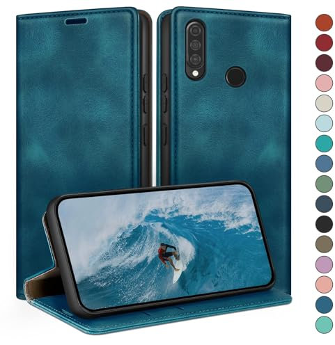 HUOUH für Huawei P30 Lite Hülle mit RFID Schutzhülle aus Lederhülle Handyhülle,Kartenfach Leder ständer Handy hülle,360 Grad Schutz Cover für Huawei P30 Lite Klapphülle Wallet Case Türkis