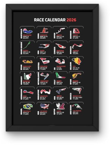 Lap Legends Original 2026 Race Schedule Print in A4 Black Frame- Perfect For F1 Fans (Black)