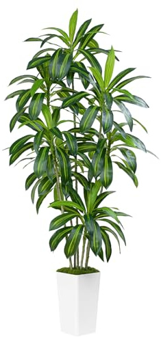 ZEEOZE 210cm Künstliche Pflanzen Dracaena Kunstpflanze Groß mit Topf Mit Planter aus weiß Kunstpflanzen wie echt für Drinnen Haus Wohnzimmer Dekoration Schlafzimmer Büro Garten (1 Stück)