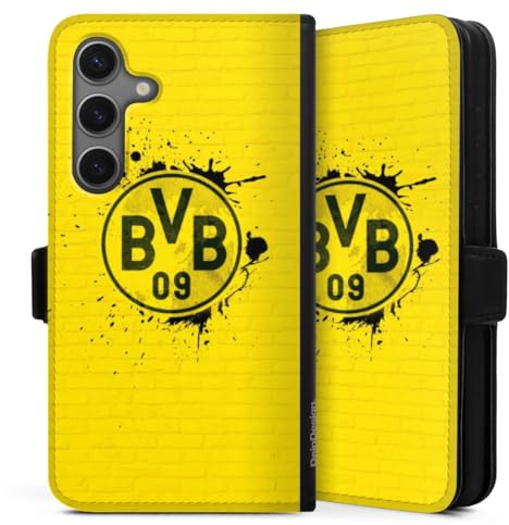 Klapphülle kompatibel mit Samsung Galaxy S 25 Handyhülle aus Kunst Leder schwarz Flip Case BVB Borussia Dortmund Offizielles Lizenzprodukt