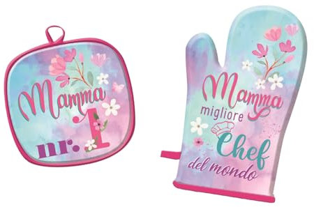 Set Cucina Festa della Mamma Guanto da Forno e Presina Abbinati Mamma nr.1 e Migliore Chef del Mondo con Fiori, Idea Regalo Dolce e Utile - Varzi dal 1956