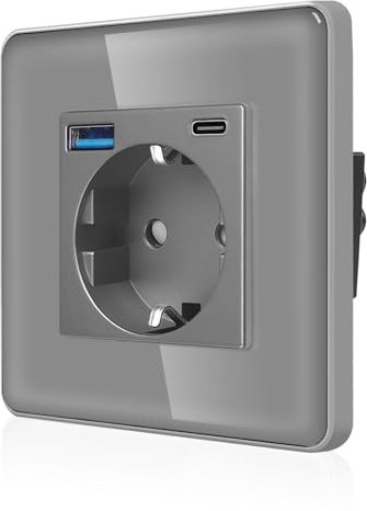 CNBINGO Einzelsteckdose mit 2× USB-Anschluss (Max. 2.1A, Typ-C und USB-A) - Einfach Schuko Steckdose Unterputz mit 2,5D Curved Glas Platte - Wandsteckdose mit Kindersicherung - 1 Fach Grau