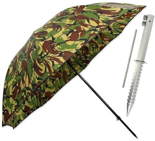 DNA Leisure 45 Fishing Umbrella with Tilt Function + Brolly Ground Spike DPM Camo – Waterproof Angling Shelter Set for Carp & Coarse Fishing Anglers Accessories