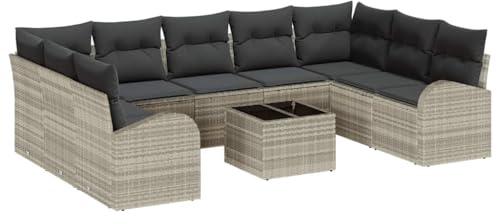 vidaXL 10-teiliges Garten-Sofa-Set mit Kissen, wetterfest, hellgrau, Poly-Rattan, ideal für draußen. Perfekt für Terrasse oder Garten. Gemütliche Möbel für die Lounge, die Terrasse oder den Rasen.