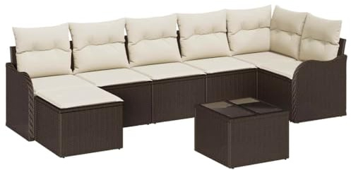 vidaXL 7-teiliges Garten-Sofa-Set mit Kissen in Braun aus Poly-Rattan – Bequemes Balkonmöbel, abnehmbare Bezüge, verstellbare Füße, wetterfest und modulares Design.