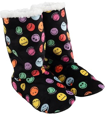 United Labels Smileyworld Hausschuhe für Damen - Smiley Hüttenschuhe Homeboots Winter Stiefel Booties Hausstiefel gefüttert Schwarz