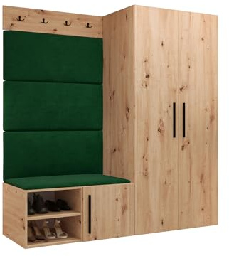 Mirjan24 Garderoben-Set Mapreni I, Schuhschrank + Kleiderhakenbrett + Kleiderschrank Gepolstertes Paneel/Wandpaneel Kleiderhaken Flurgarderobe Wandgarderobe (Artisan Eiche, Manila 35)