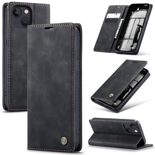 Samokor Coque pour iPhone 15 5G Étui Rabat Cuir Housse | Etui Flip Case Antichoc,Magnétique,Fentes Cartes,Pochette Portefeuille Support Protection pour iPhone 15,Noir
