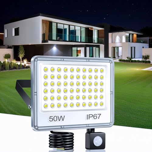 TASINUO Projecteur LED Extérieur avec Détecteur 50W, 5000LM 6500K Spot LED | Spot Exterieur Detecteur Mouvement IP67 Etanche, 60 LEDs Lampe Exterieur Detecteur de Mouvement pour Jardin Terrasse Garage