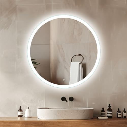 Venti Runde LED Badspiegel 50 cm, Frontbeleuchtung | Badezimmerspiegel mit Beleuchtung, LED Wandspiegel, Touchschalter, Neutralweißes Licht, Modernes Design