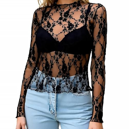NewBull Sexy Lace Top Women's Long Sleeve Top Lace Women Long Sleeve Sheer Mesh Sheer Mesh Blouse Transparent Shirt Women's Crop Tops See Throgh Tops for Women