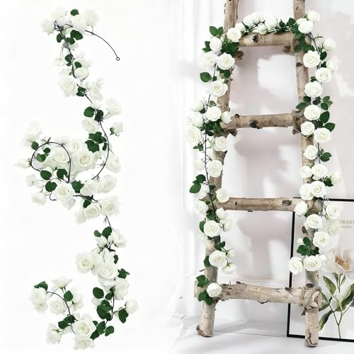 Qivra 2 Stück Blumengirlande Künstlich Weiss, 1,8 Meter Künstliche Rosen Wie Echt, 138 Rosen Blumengirlande Weiß Rosa für Hochzeit Tischdeko Party Garten Dekor