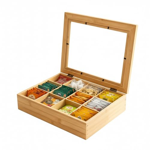 Relaxdays Teebox, 12 Fächer, Bambus, Teebeutel Aufbewahrung, Teekiste mit Sichtfenster, HxBxT: 8 x 28 x 23 cm, Natur