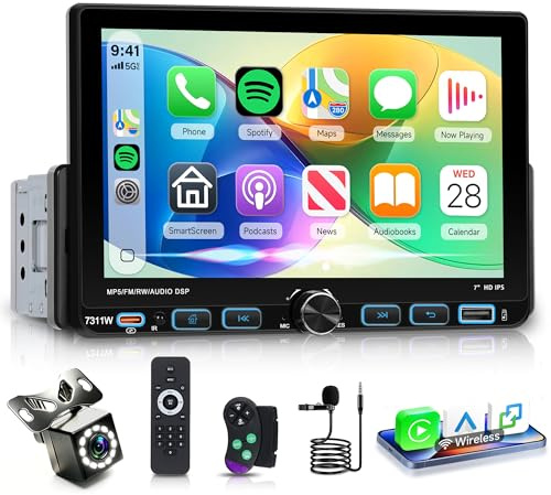 Rimoody Autoradio 1 Din mit Wireless Carplay Android Auto Bluetooth 5.2 FMAM//RDS, 7 Zoll IPS Touchscreen Radio Single Din mit IOS/Android Mirror Link EQ/USB/Type C/DVR Lenkradsteuerung Rückfahrkamera