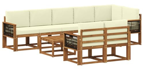 vidaXL Outdoor-Sofagarnitur mit Kissen 9 pcs Natur und Creme Polyester, Stylisches Außensofa, wetterfestes Set, Bequeme Sitzgelegenheit für den Garten, Akazienholz Möbel