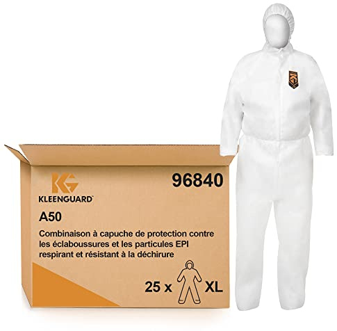 Kimberly Clark 96840 Kleenguard A50 Atmungsaktiver Schutzanzug Gegen Tröpfchen und Partikel mit Kapuze, X-Large, Weiß