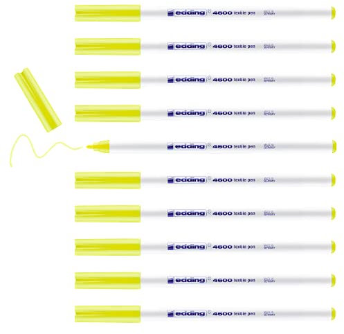 edding 4600 rotulador textil - amarillo neón - caja de 10 - punta redonda de 1 mm - rotuladores textiles permanentes para dibujar en tejidos, resistentes a lavados de hasta 60 °C - rotulador para tela