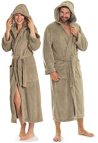 aqua-textil XS-XXXL Bademantel Kapuze Uni lang aufgesetzte Taschen Damen Herren Unisex Mikrofaser Kuschelfleece OEKO-TEX