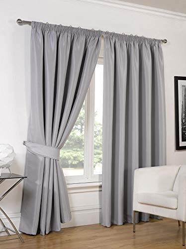 RAYYAN LINEN Thermal Pencil Pleat Blackout Tape Top Pair of Curtains With Free Tiebacks (90 X 90, Silver)