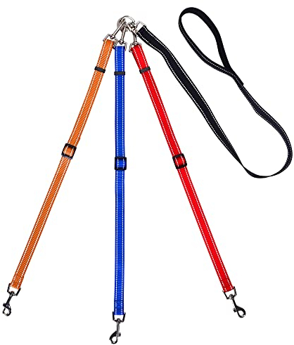 3-Wege-Hundeleine, reflektierend, verstellbar, kein Verheddern, abnehmbare 3-in-1-Hundeleine mit weich gepolstertem Griff für 1 2 3 Hunde, Haustiere, Spazierengehen, Training (3-Wege-Mehrfarbig)