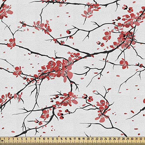 ABAKUHAUS Blume Gewebe als Meterware, Japanische Kirschblüten, Schön Gewebten Stoff für Polster und Wohnaccessoires, 1M (148x100cm), Korallen Schwarz