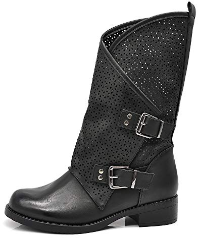 IF Fashion Scarpe da Donna Stivali Stivaletti Biker Fibbie Anfibi Primaverili Estivi 628 Nero N.38