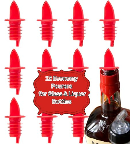 TableCraft 35R Cash & Carry Free Flow Pourer, Plastic Economy Pourer with Smoother Flow & Spill Prevention for Standard 750 ml Bottles, Hand Wash, Red, 12 Pack