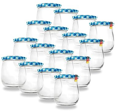 Flaschenbauer 417ml Premium Einmachgläser, 16 x vielseitige Konservengläser mit TO82 Twist-Off Deckel, inklusive Etiketten - für Marmeladen, Honig, Obst, Gemüse - Diverse Farben & Sets [Blau/Weiß]