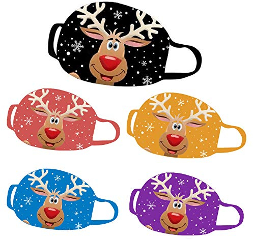 Lulupi 5 Stück Mundschutz Multifunktionstuch Weihnachten Waschbar Bandana Maske Weihnachtsmann Elch Motiv Mund und Nasenschutz Schwarz Weihnachtsmaske Weihnachts Mund Tücher Halstuch Herren Damen