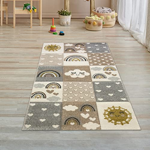 Teppich-Traum Kinderzimmer Teppich Flurläufer Spielteppich Regenbogen Herzchen Wolken beige grau braun Größe 80x150 cm