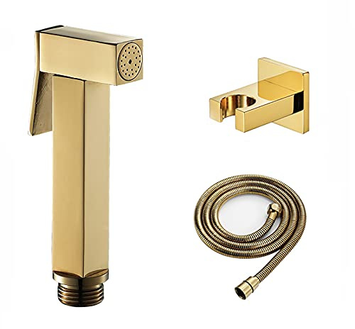 SHUGUANG Handheld Bidet Sprayer for Toilet, Titanium Gold Baby Cloth Diaper Sprayer Kit Brass Bidet Sprayer Set Wall Mount Toilet Bidet Sprayer Kit with 1.5M Shower Hose and Brass Holder,Square