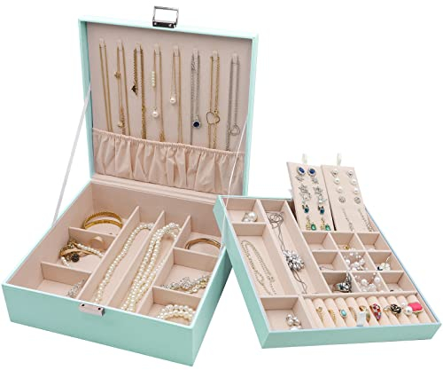 ProCase Schmuckschatulle Damen Leder, Schmuckkästchen mit 2 Ebenen Schmuckkasten Schmuckkoffer Schmuckaufbewahrung Schmuckbox Jewelry Box für Ringe, Ohrringe, Halsketten, Armbänder -Mint